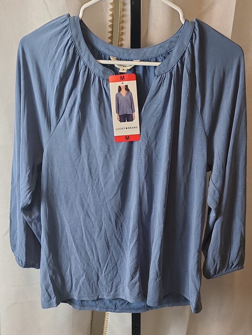 Lucky Brand Womens Med Blue Modal Blend 3/4 Sleeve Split Neck Shirred Knit Top